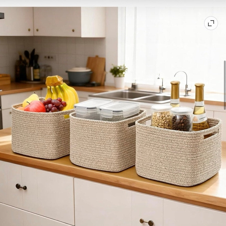 BRAND NEW ~ Set/3 Jute Woven Cotton Rope Storage Baskets Bins Shelves Organizer