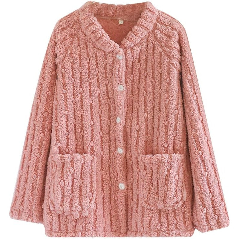 NWT ~ Women's Thick Pink Furry Button Up & Front Pockets Sweater ~ Size LARGE