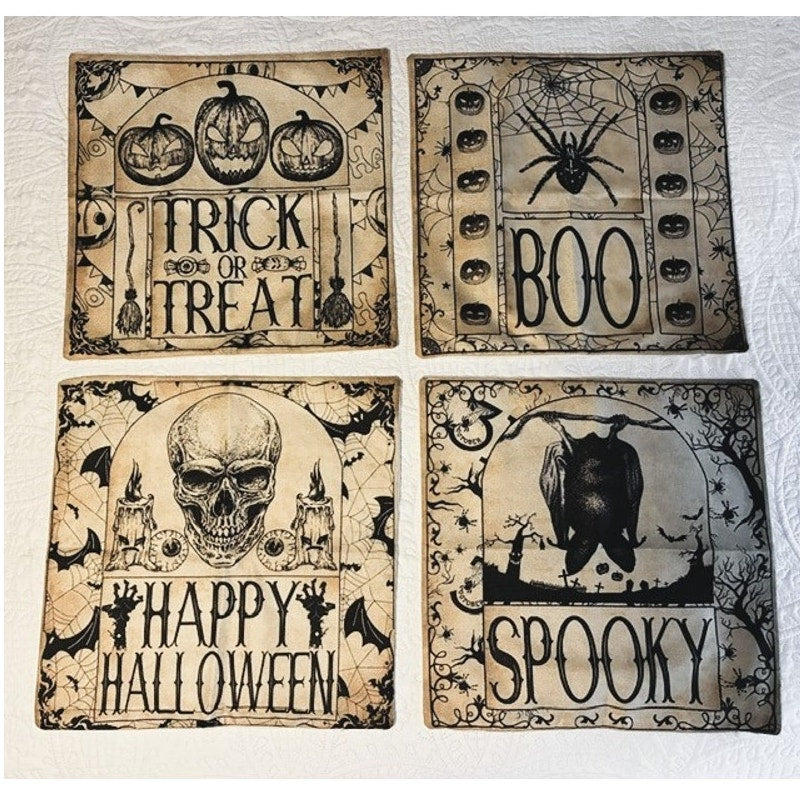 BRAND NEW ~ Set/4 Large Aged Burlap Style Halloween Pillow Covers ~ 20" x 20"