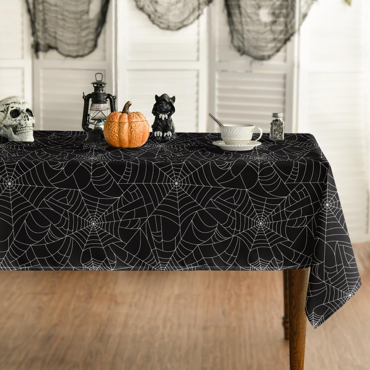 NWT ~ Halloween Black & Metallic Silver Spider Webs Rectangular Tablecloth