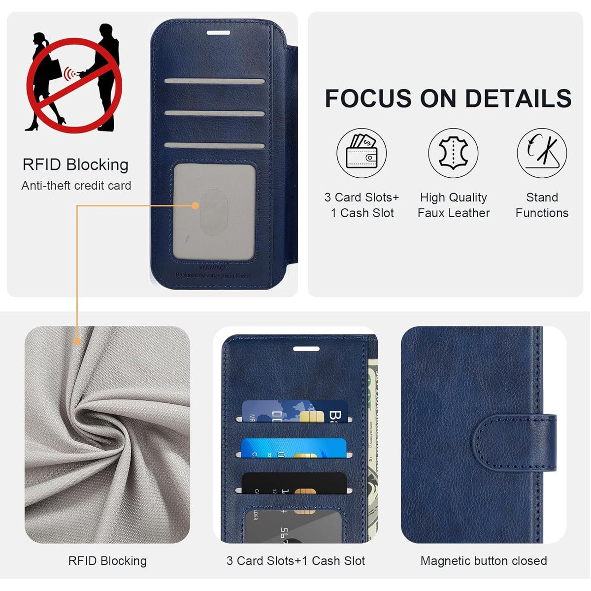 NWT ~ Dark Blue iPhone 13 Pro Wallet & Wrist Strap Card Holder Cellphone Case