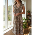 NWT ~ Brown & White Short Sleeve V Neck Flowy Dress ~ Women's Size MEDIUM