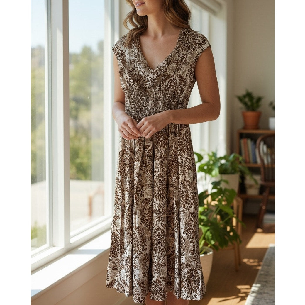 NWT ~ Brown & White Short Sleeve V Neck Flowy Dress ~ Women's Size MEDIUM