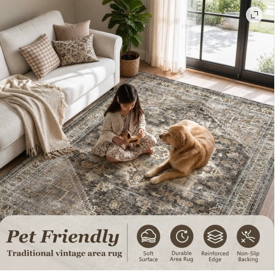 BRAND NEW ~ Brown 8'x10' Area Rug Retro Boho Floral Distressed Indoor Carpet