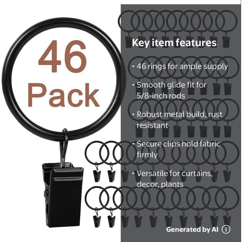 BRAND NEW ~ Set/46 Black Metal Curtain Rings & Clips Drapes Rod 1" Interior Diam