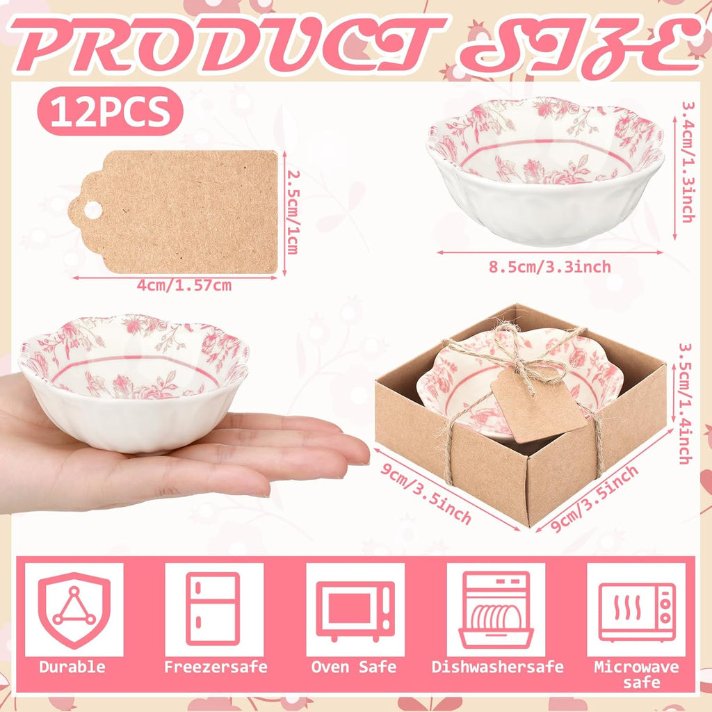 BRAND NEW ~ Set/12 Small 3.3" Pink & White Floral Glass Bowls Dipping Dish & ag