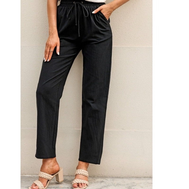 NWT ~ Women's Black Cotton Casual Straight Leg Drawstring High Waist Pants ~ M