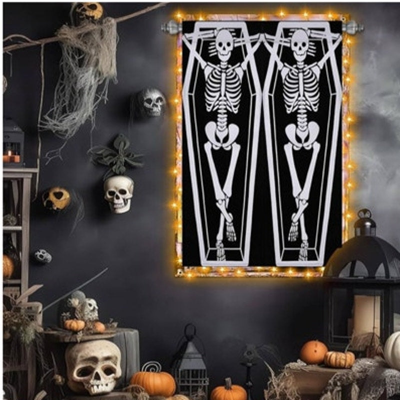 NWT ~ Set/ 4 Panels ~ Spooky Halloween Coffin Skeleton Curtains ~ 13" x 36" ea.
