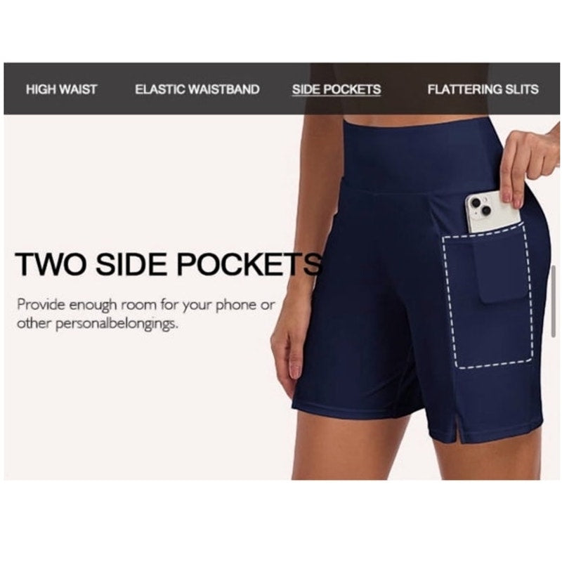 NWT ~ Women's Black High Waisted Swimsuit Bottoms Swim Shorts with Pockets LARGE