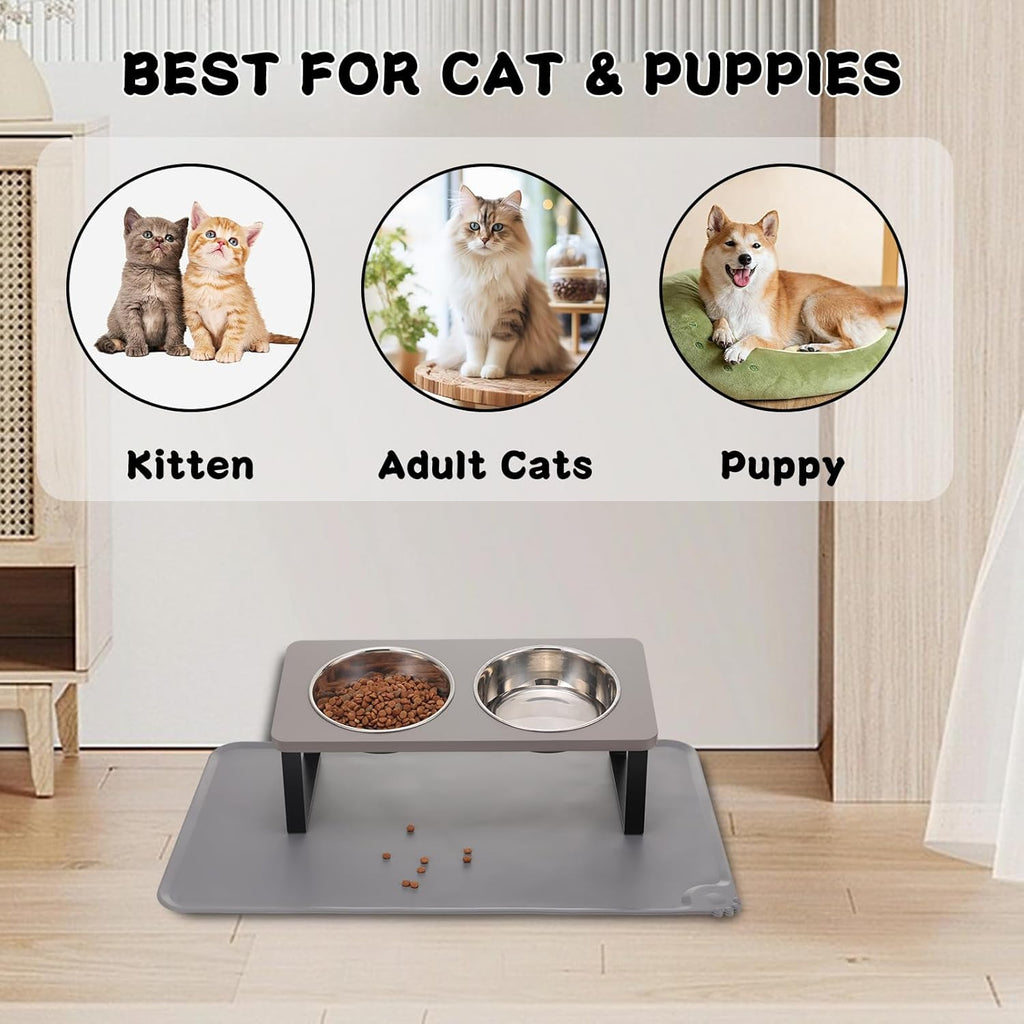 BRAND NEW ~ Gray Elevated Stainless Steel Cat Dog Bowls Dishes & Food Water Mat