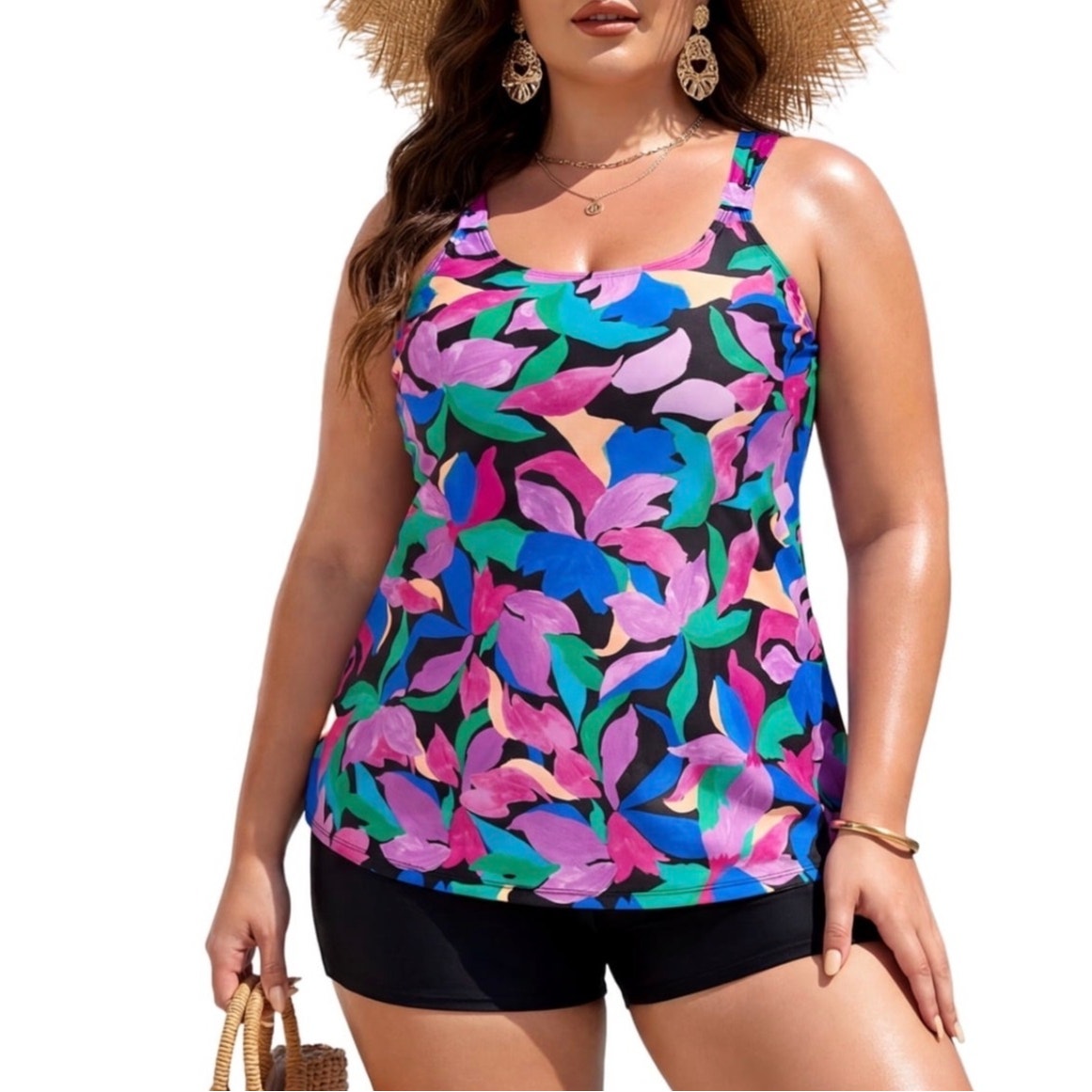 NWT ~ Women's 2pc Colorful Scoop Neck Tankini Swimsuit Boyshorts Bathing Suit XL
