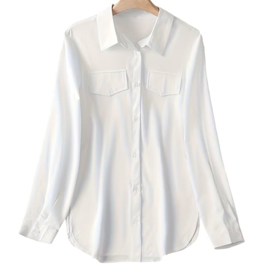 BRAND NEW ~ Women's White Flowy Button Up Front Pockets Hi-Lo Blouse ~ LARGE