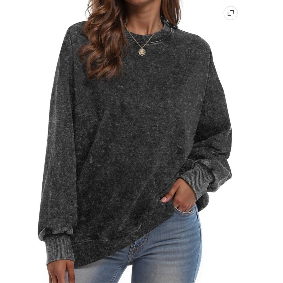 NWT ~ Distressed Black Oversized Sweatshirt Side Splits & Long Sleeve ~ LARGE