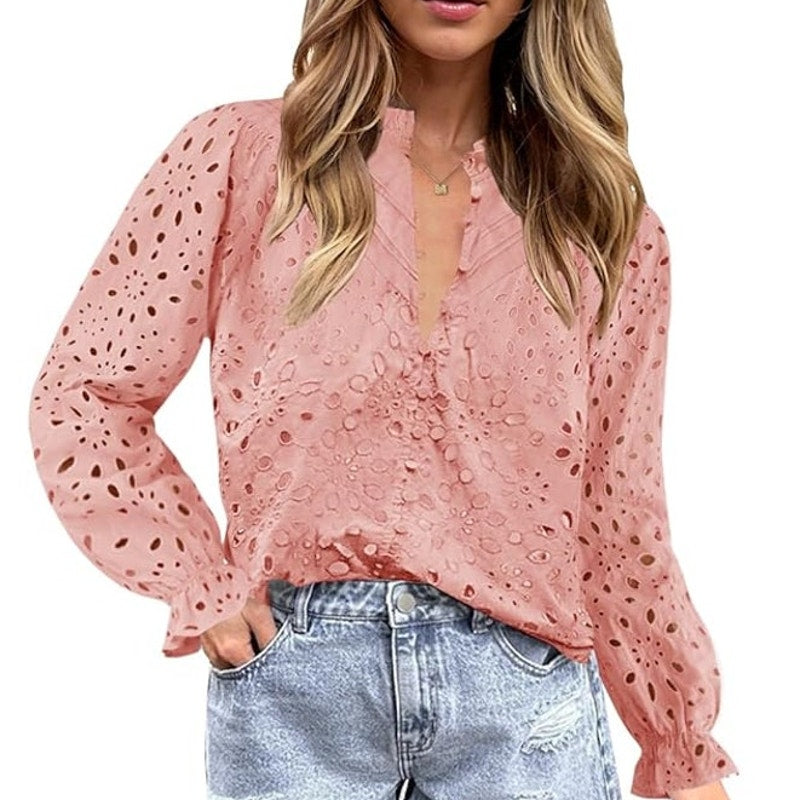 NWT ~ Pink Eyelet Long Sleeve Blouse ~ Lined & Feminine ~ Women's LARGE