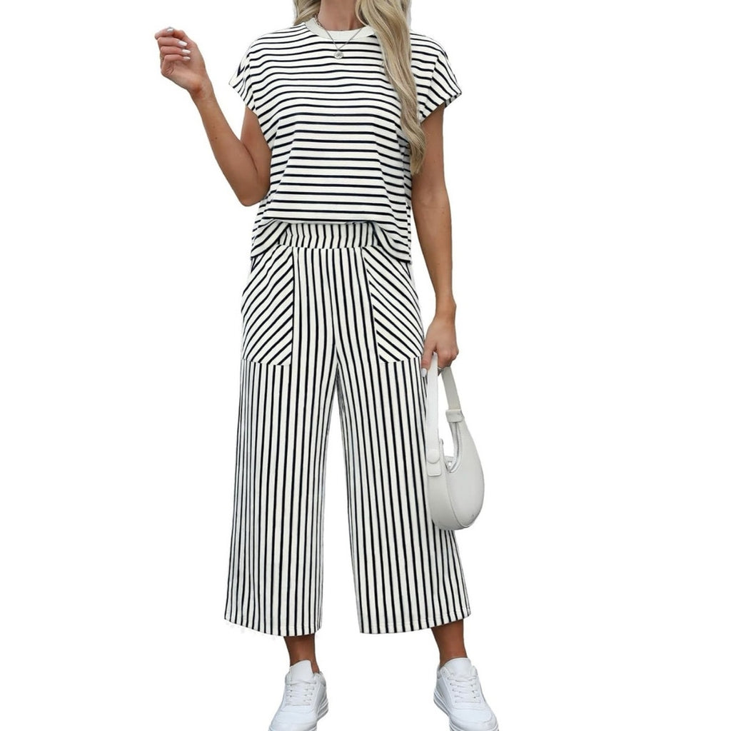 NWT ~ Women's 2pc Black and White Stripe Casual Summer Loungewear Outfit ~ LARGE