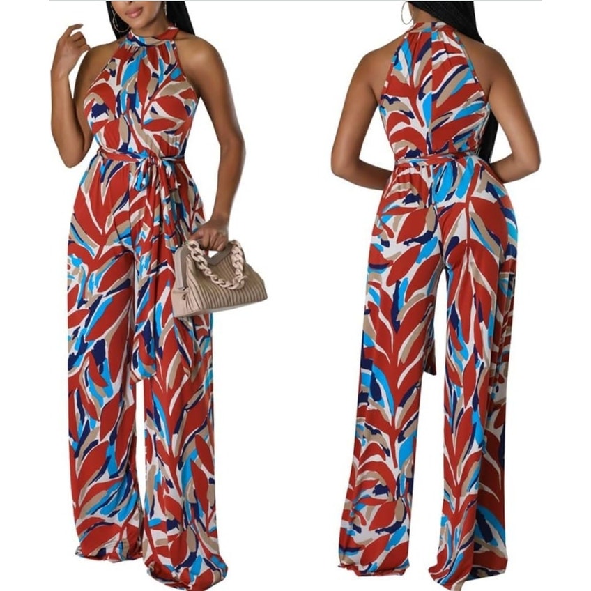 NWT ~ Women's Plus Size Red Abstract Tropical Sleeveless Wide Leg Jumpsuit ~ 2X