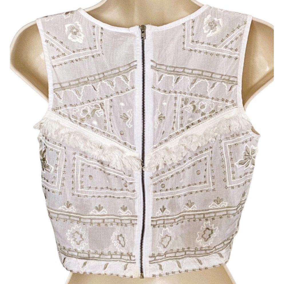NWT ~ Short Cropped Boho Embroidered & Fringe Sleeveless Bohemian Blouse SMALL