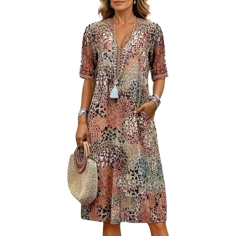 NWT ~ Bohemian V-Neck Pockets Boho Trim Casual Midi Dress ~ Women's Size LARGE