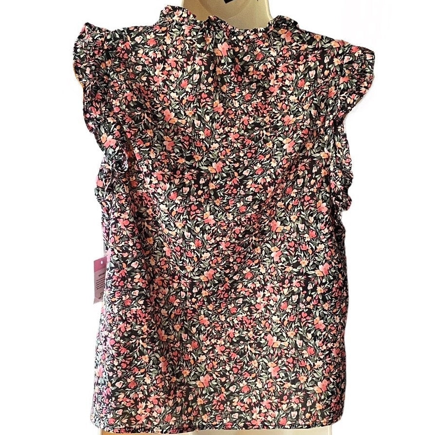 NWT ~ STEVE MADDEN Black Ruffle Calico Sleeveless Blouse Ditsy Top ~ SMALL