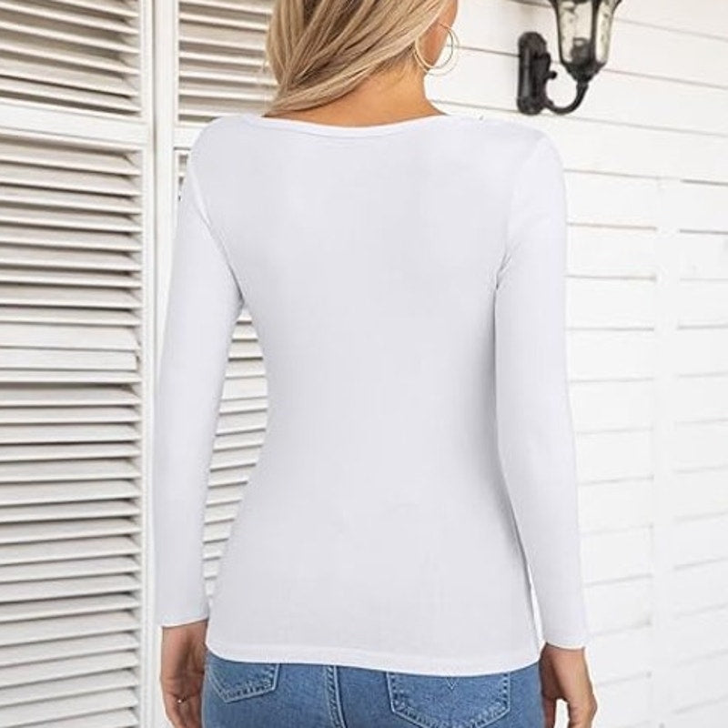 NWT ~ Women's Sexy White Ribbed Slim Fit Keyhole Front Long Sleeve Top ~ LARGE
