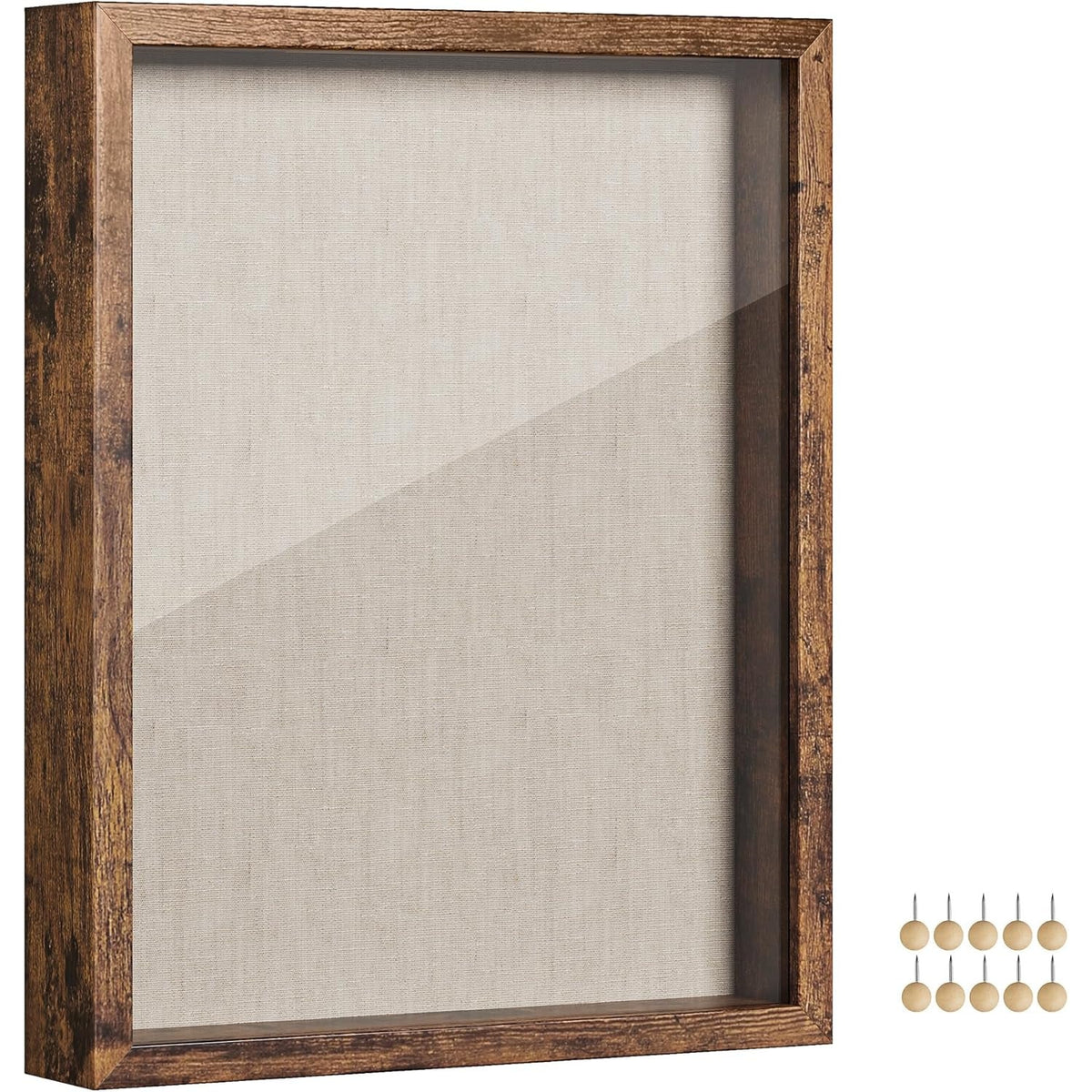 BRAND NEW ~ Rustic Brown 11x14 Shadow Box Frame & Push Pins Linen Fabric Backing