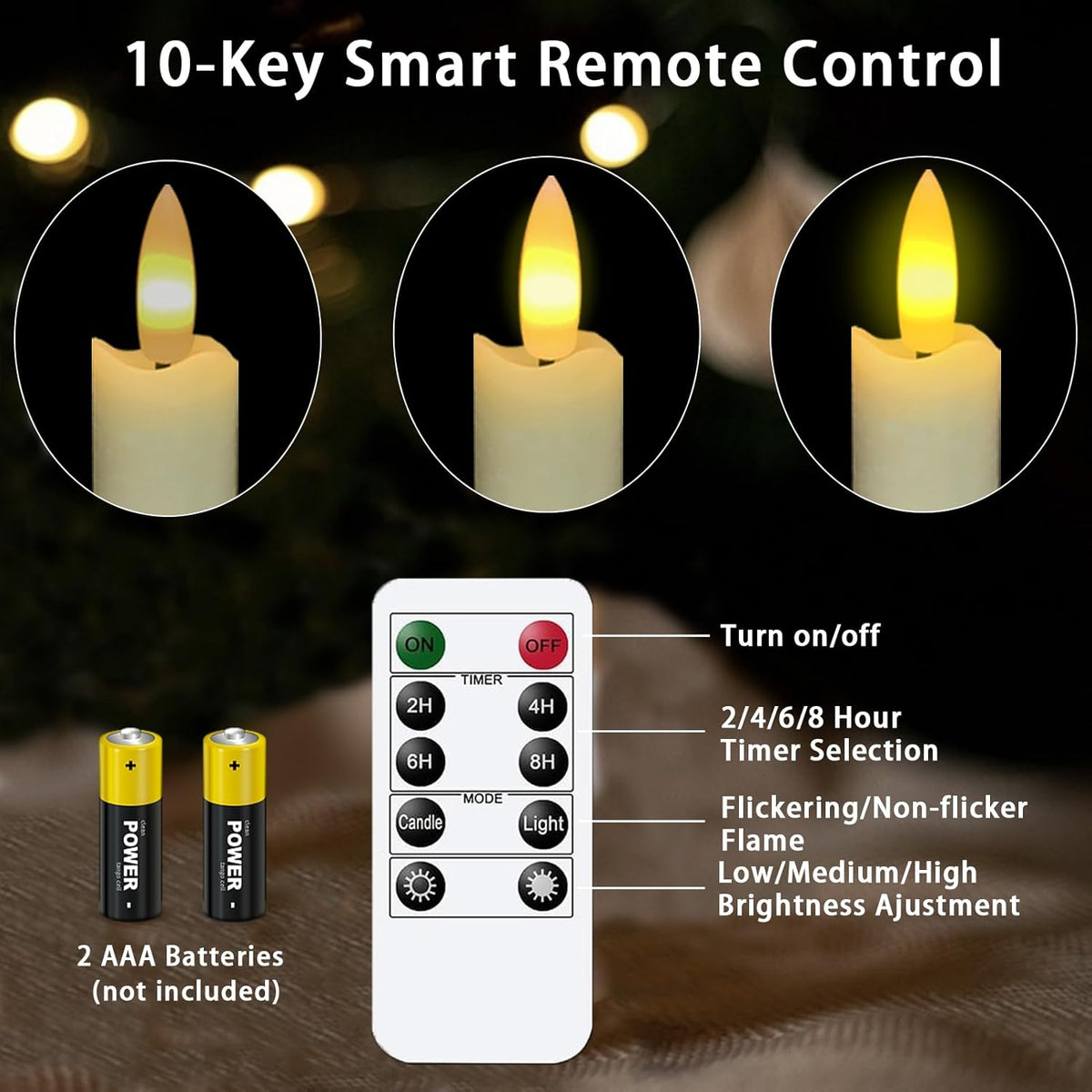 BRAND NEW ~ Set/2 Wax LED Flameless White Flickering 9.6" Taper Candles & Remote