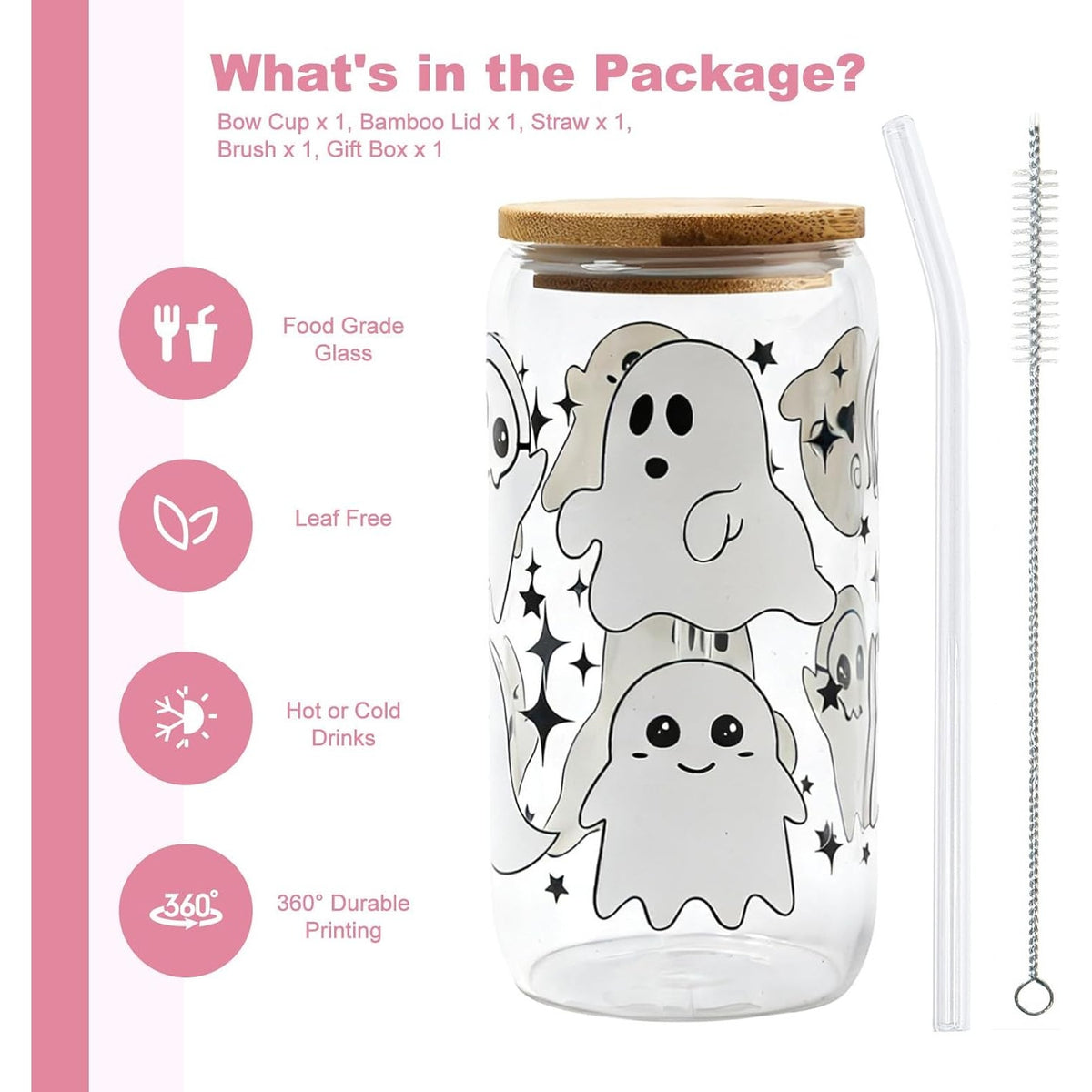 NWT ~ Set/4 Halloween Ghost & Bat 16 oz Glass Bamboo Lid Glass Straw & Brush