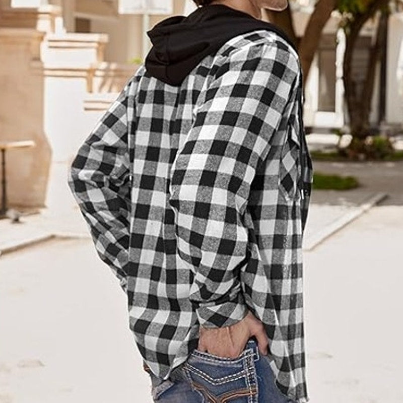 NWT ~ Men's White & Black Cotton Flannel Long Sleeve Hoodie Button Shirt ~ 2XL