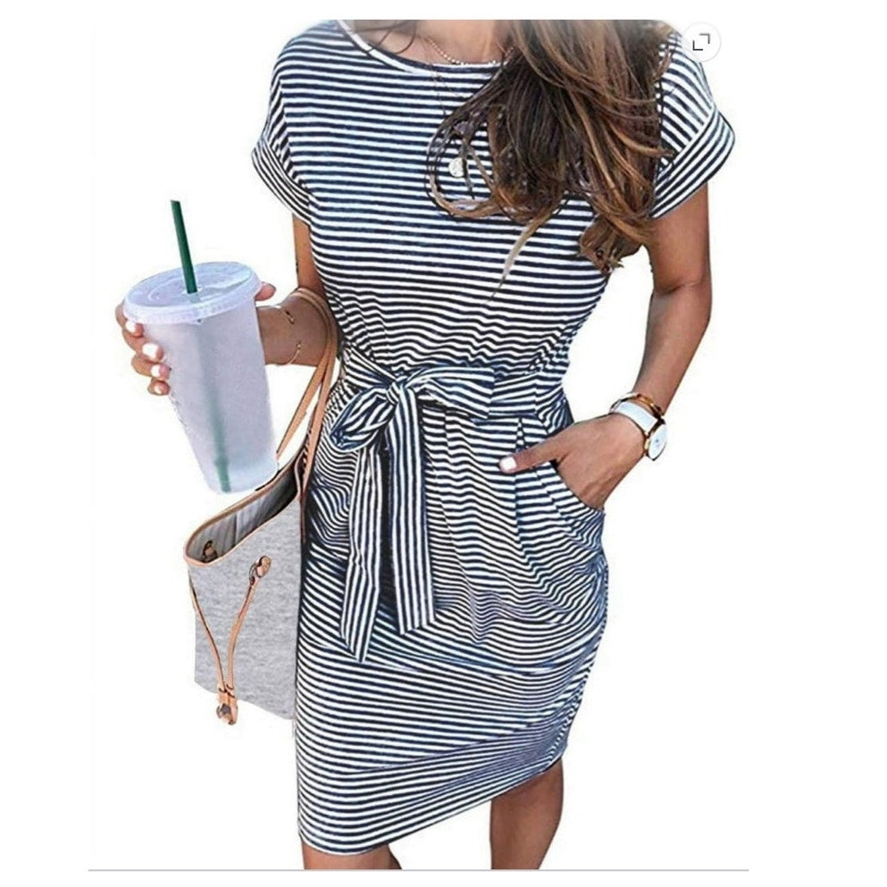 NWT ~ Navy Blue Short Sleeve T-Shirt Casual Summer Dress Pockets & Belt ~ LARGE