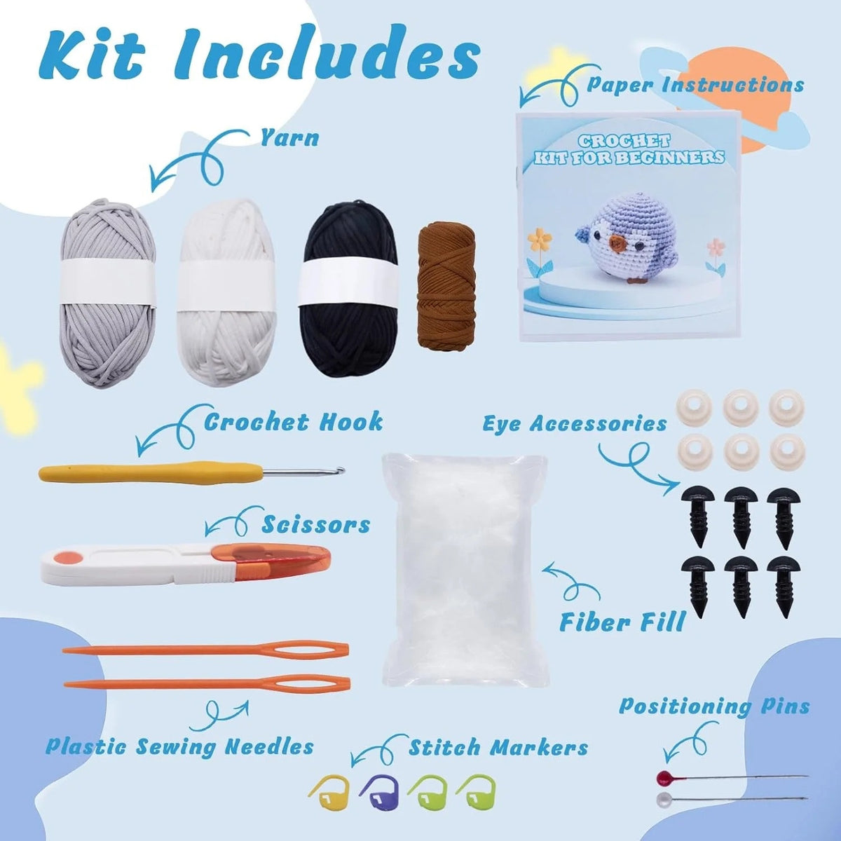 BRAND NEW ~ Set/2 Penguin Crochet Kit ~ Beginners Crocheting Adults & Kids