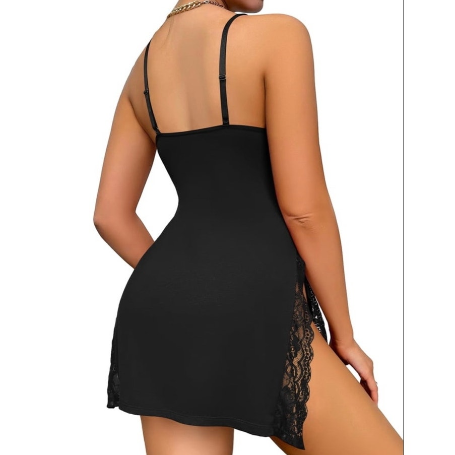 NWT ~ Black Lace V-Neck Spaghetti Strap Babydoll Nighty & Thong ~ Plus Size XXL