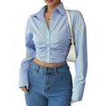 NWT ~ Sexy Blue & White Pinstripe Crop Long Sleeve Ruched Front Blouse ~ LARGE