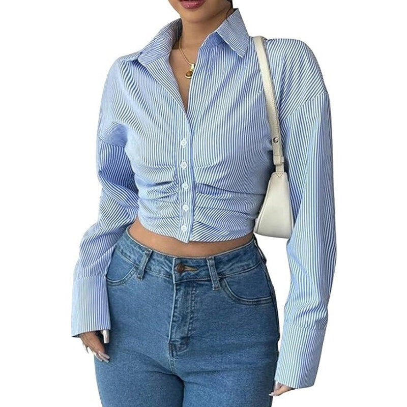 NWT ~ Sexy Blue & White Pinstripe Crop Long Sleeve Ruched Front Blouse ~ LARGE