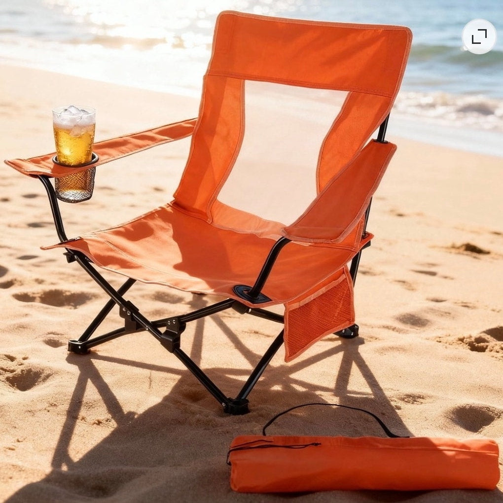 BRAND NEW ~ Orange Folding Low Seat High Back Wide Seat Beach Camping Chair