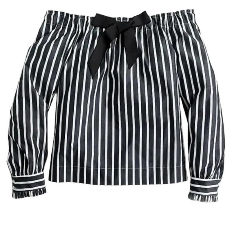 NWT ~ J.CREW Off The Shoulders Black & White Striped Blouse ~ Women's Size XXS