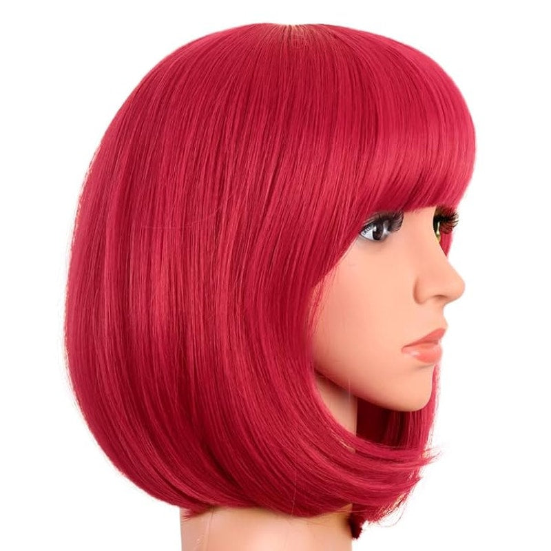 BRAND NEW ~ Bright RED 12" Short Straight Synthetic Flat Bangs Bob Wig