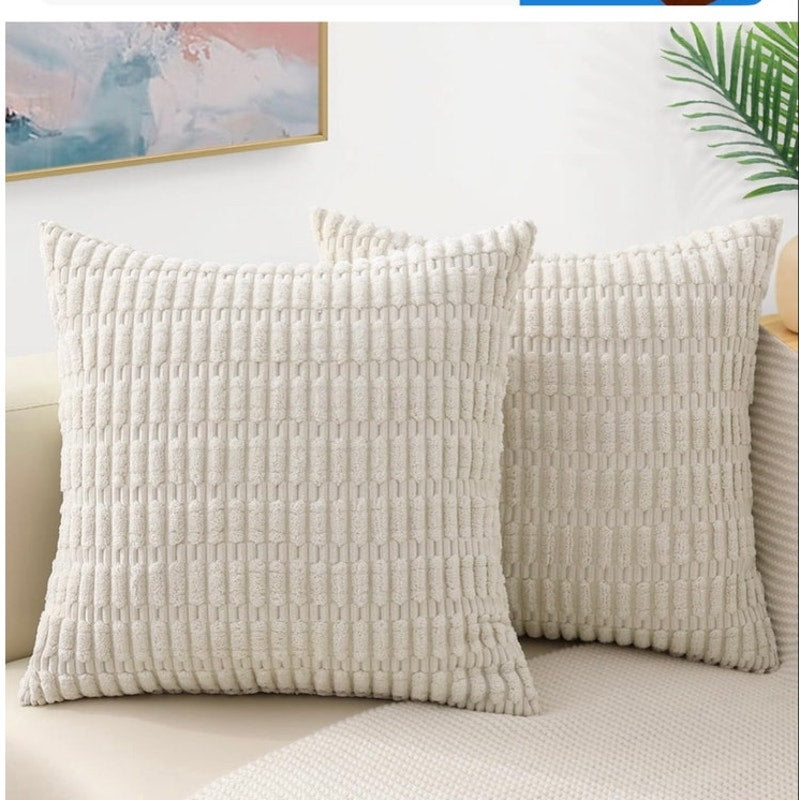 BRAND NEW ~ Set/2 Boho Beige Thick Corduroy Toss Accent Pillow Covers ~ 18"x18"