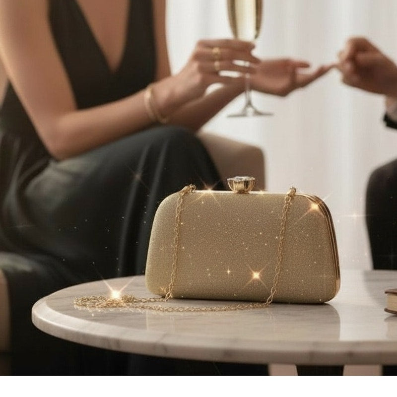 NWT Sparkly Gold Glitter Clutch Crossbody Shoulder Bag Hardshell Evening Purse