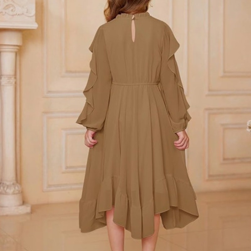 NWT ~ GRACE KARIN Girls Long Sleeve Tan Ruffle Swing Formal Dress ~ Size 6 years