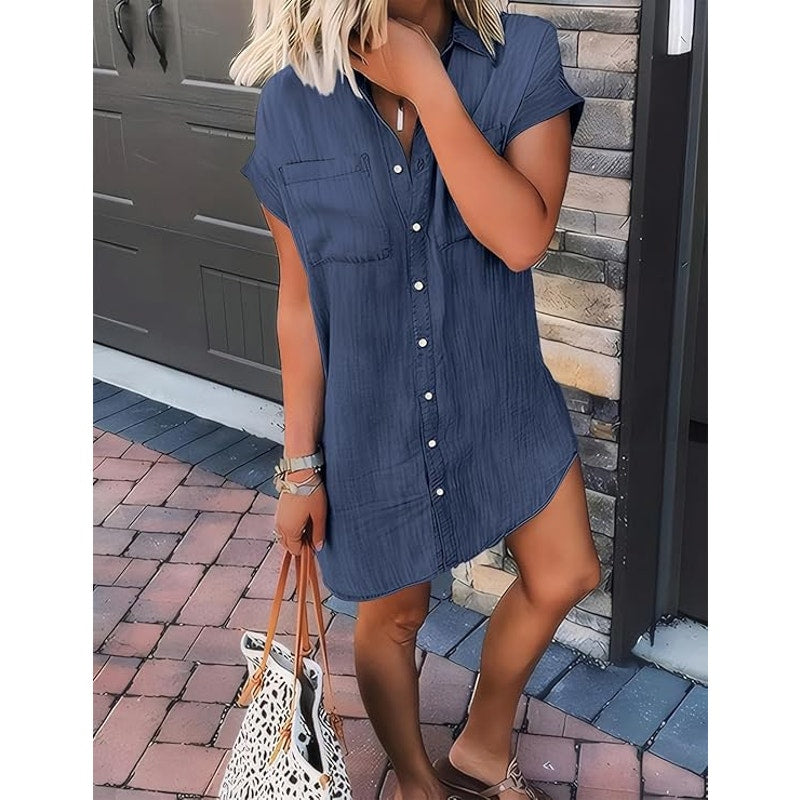 NWT ~ Women's Denim Look Casual Mini Cotton Blend Short Shirt Dress ~ MEDIUM