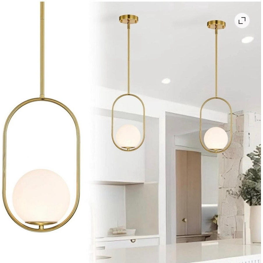 BRAND NEW ~ MCM Modern Gold Pendant Light Fixture 5.9" Globe Opal Glass Shade