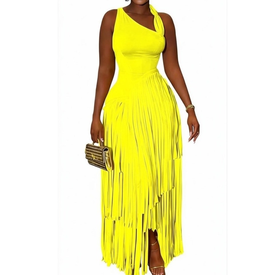 NWT ~ Women's Long Sleeveless Bright Yellow Fringe Maxi Party Dress ~ Size XL
