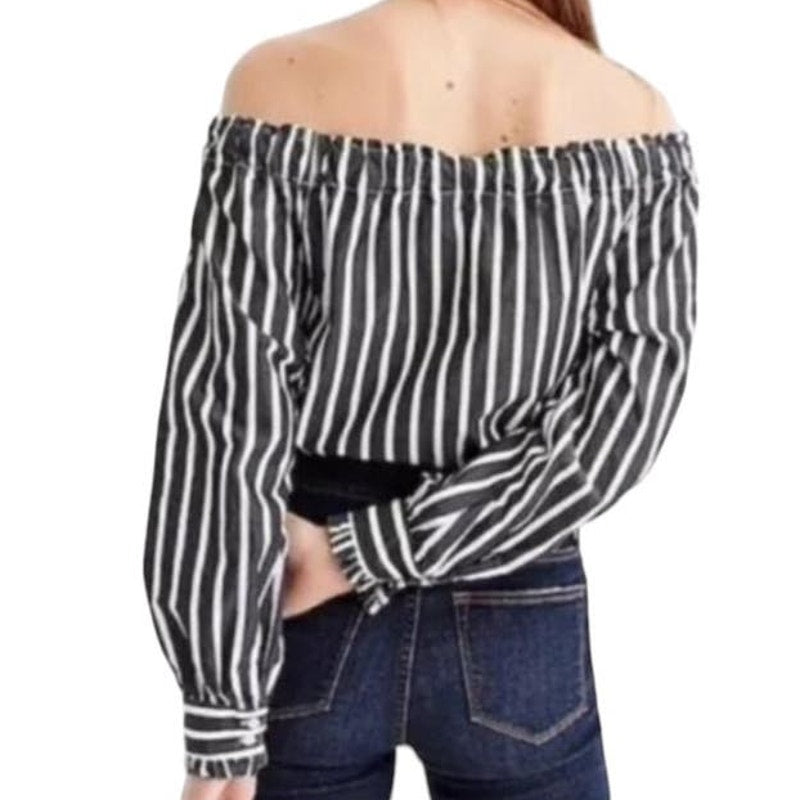 NWT ~ J.CREW Off The Shoulders Black & White Striped Blouse ~ Women's Size XXS