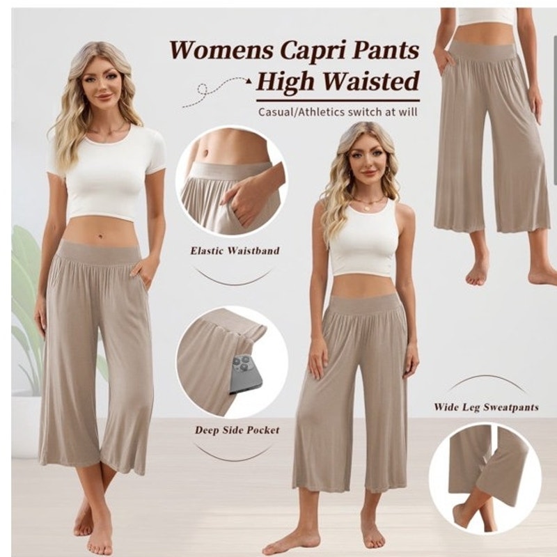 NWT ~ Plus Size Tan Wide Leg Cropped Casual Palazzo Pants Yoga Lounge ~ XXL