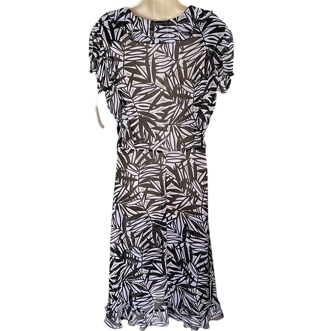 NWT ~ COVINGTON Black & White Chiffon Wrap Ruffle Midi Dress ~ Women's Size 10