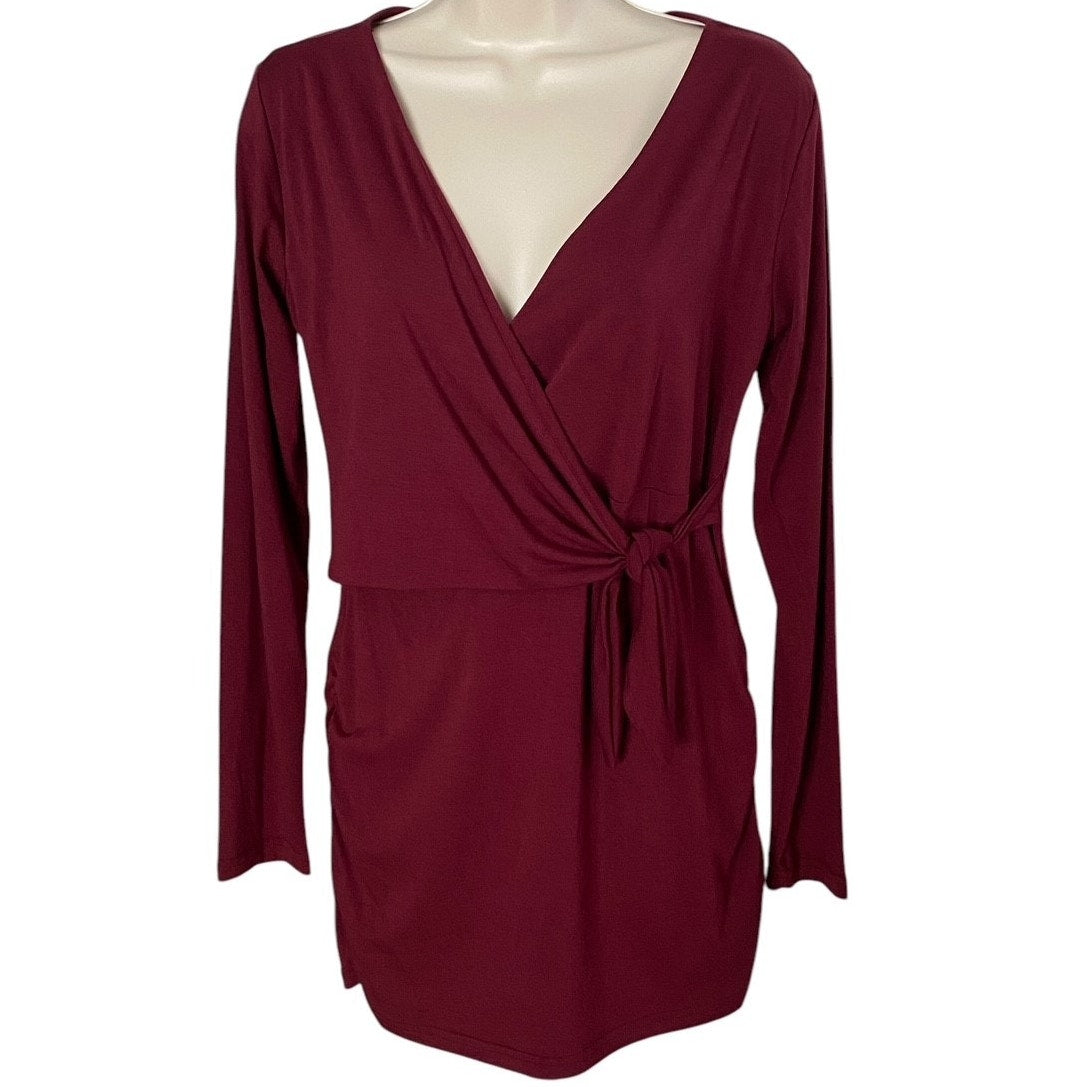 NWT ~ Burgundy Knit Wrap Front Ruched Side Long Sleeve Top ~ Women's Size MEDIUM