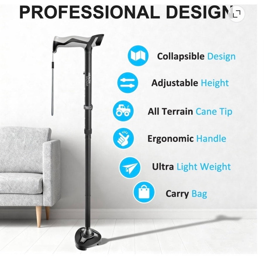 BRAND NEW ~ Foldable Black Adjustable All Terrain Walking Stick Cane