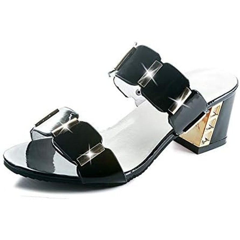 BRAND NEW ~ Women's Black & Gold Chunky Heel Slides Dressy Shoes ~ Size 5 (35)