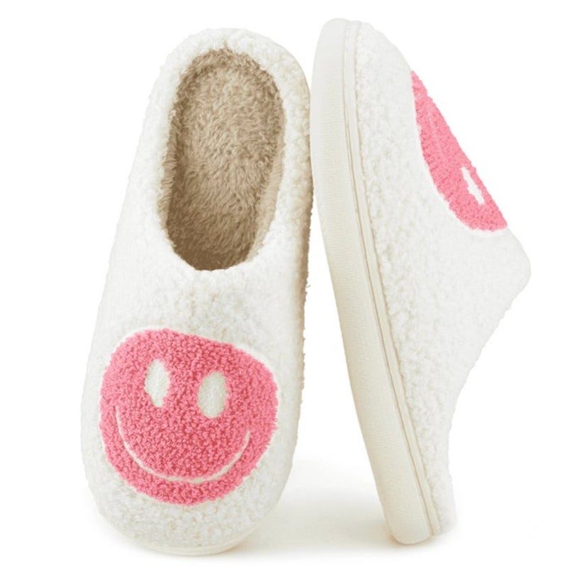 BRAND NEW ~ Pink & White Smiley Face Slip-On Non-Slip Fuzzy Slides Slippers ~8/9