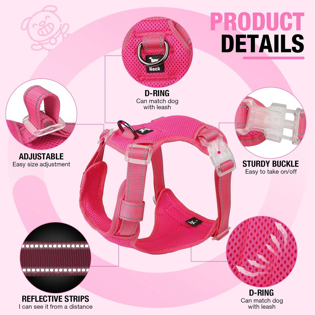 BRAND NEW ~ Pink No Pull Reflective Adjustable Dog Harness Vest & Handle MEDIUM
